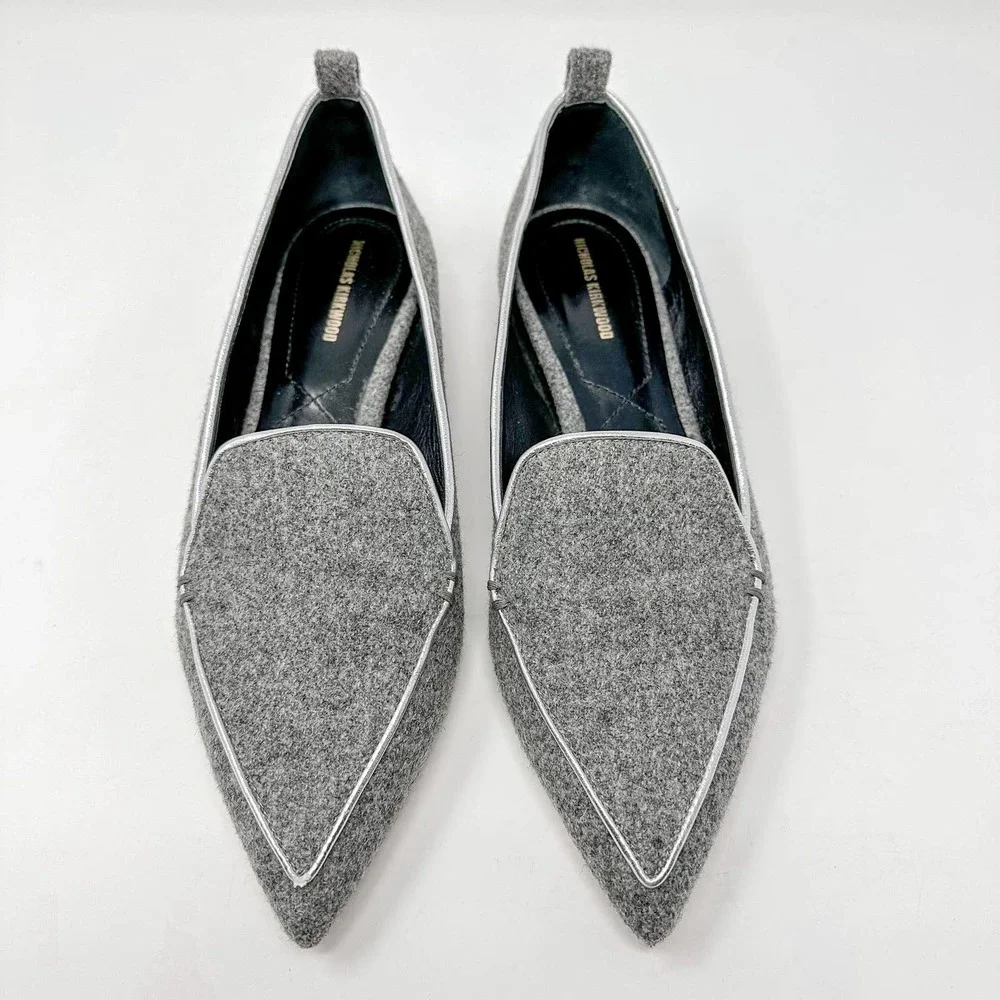 Nicholas Kirkwood Beya Wool Gray Flats Loafers Pointed Toe EU 39 US 9 - Picture 2 of 12